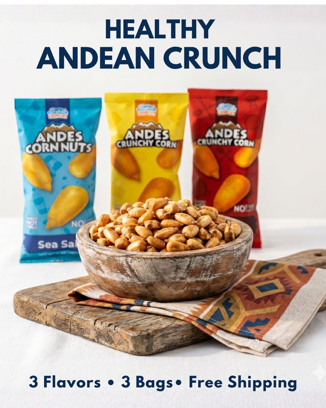 Healthy Andean Crunch Corn, 3-Flavor Variety Test Pack (3 Bags, Free Shipping)