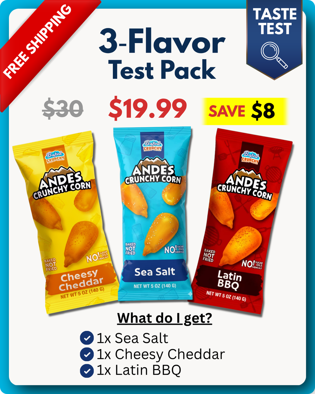 Healthy Andean Crunch Corn, 3-Flavor Variety Test Pack (3 Bags, Free Shipping)